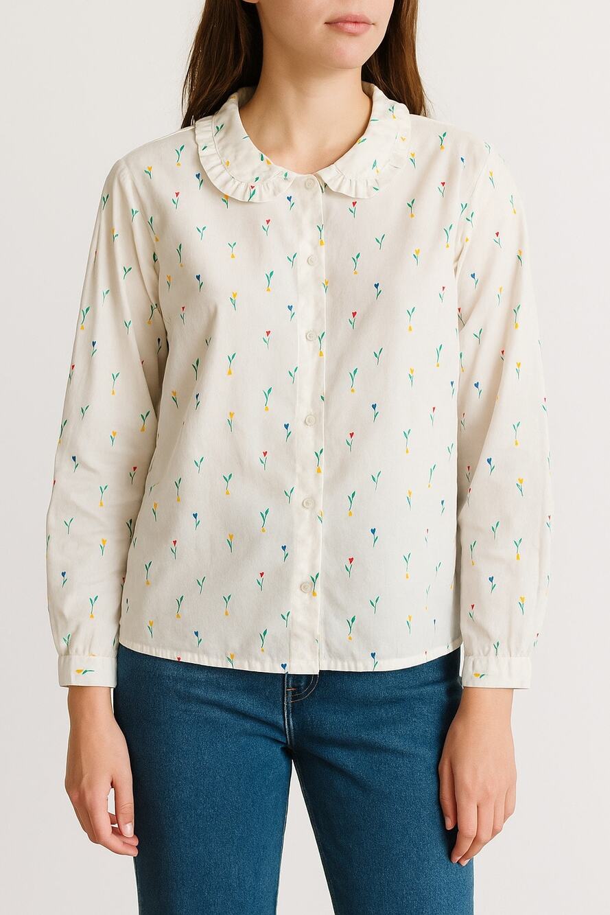 Vintage Jumpers Floral Print Cotton Blouse with Ruffle Collar romantic Sz Large